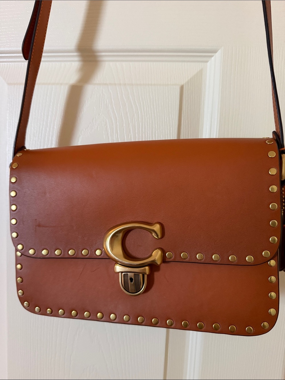 Coach Tan Leather Crossbody with Gold Studs & Turnlock